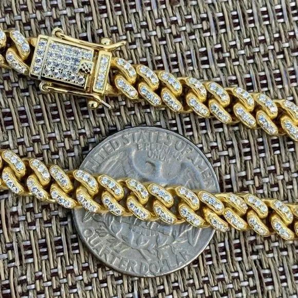 New Iced Out Miami Cuban Chain Solid 925 Gold 22” - Picture 2 of 8